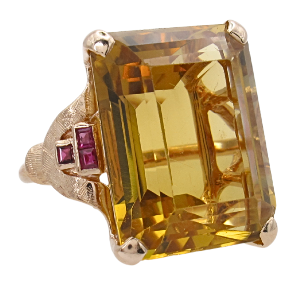 26ct Emerald Cut Citrine & Ruby Retro Ring 14K Rose Gold Side