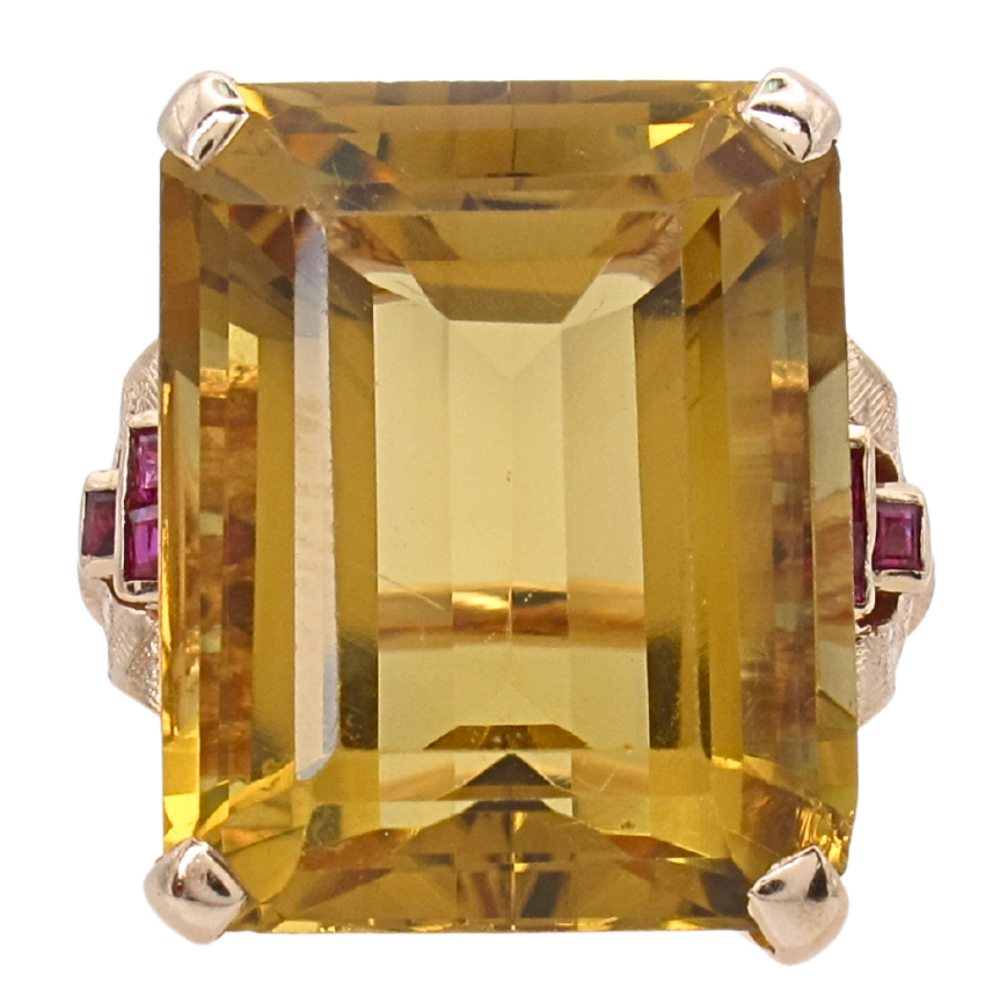 26ct Emerald Cut Citrine & Ruby Retro Ring 14K