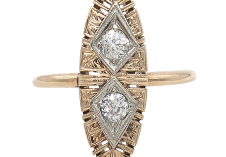 .30ctw Old Euro Diamond Navette Art Deco Ring 14K Rose Gold Front
