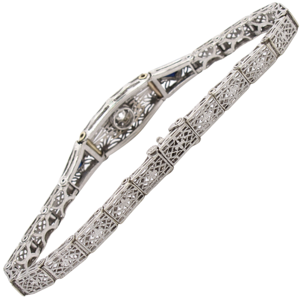 .40ctw Diamond & Sapphire Filigree Art Deco Bracelet 14K White Gold Back Detail