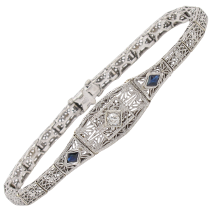.40ctw Diamond & Sapphire Filigree Art Deco Bracelet 14K White Gold Front Detail