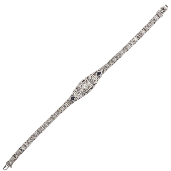 .40ctw Diamond & Sapphire Filigree Art Deco Bracelet 14K White Gold Line