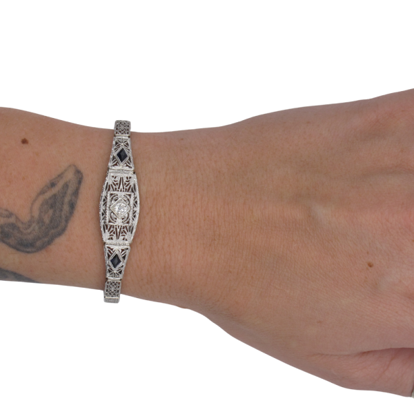 .40ctw Diamond & Sapphire Filigree Art Deco Bracelet 14K White Gold Worn