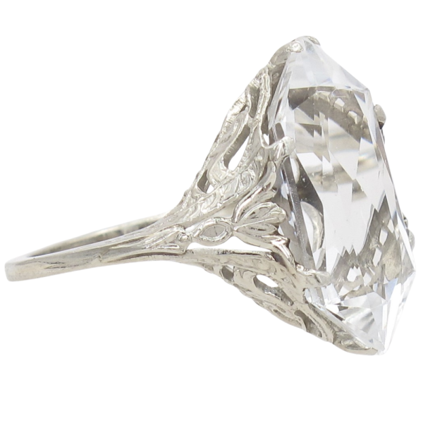 5.25ct Goshenite Beryl Filigree Detail Art Deco Ring 14K angled