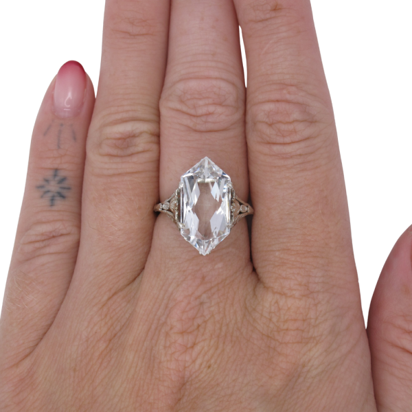 5.25ct Goshenite Beryl Filigree Detail Art Deco Ring 14K worn