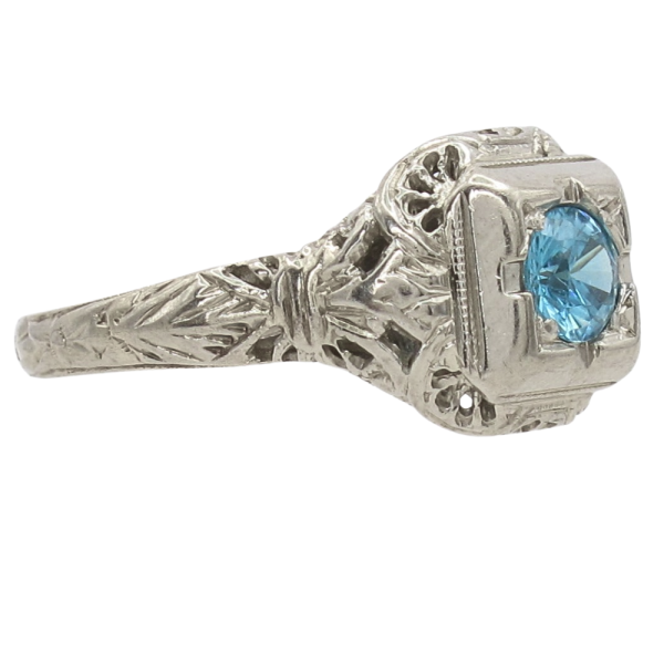 .53ct Blue Zircon Filigree Art Deco Ring 18K White Gold angle