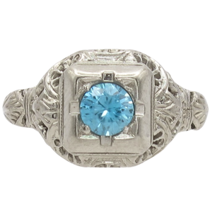 .53ct Blue Zircon Filigree Art Deco Ring 18K White Gold front
