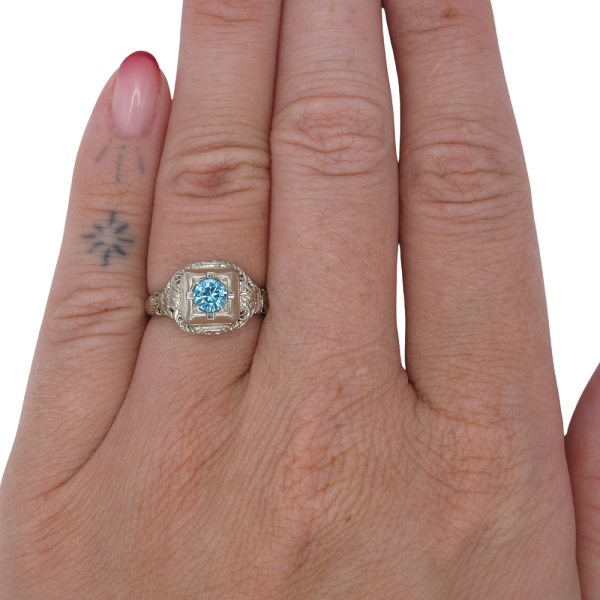 .53ct Blue Zircon Filigree Art Deco Ring 18K White Gold worn