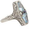 Aquamarine Filigree Detail Elongated Art Deco Ring 14K Angled