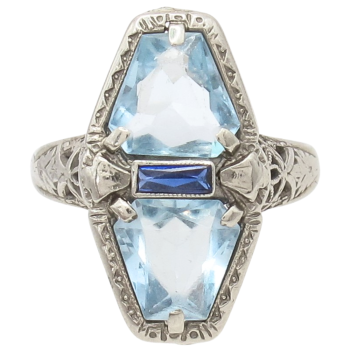 Aquamarine Filigree Detail Elongated Art Deco Ring 14K Front (2)