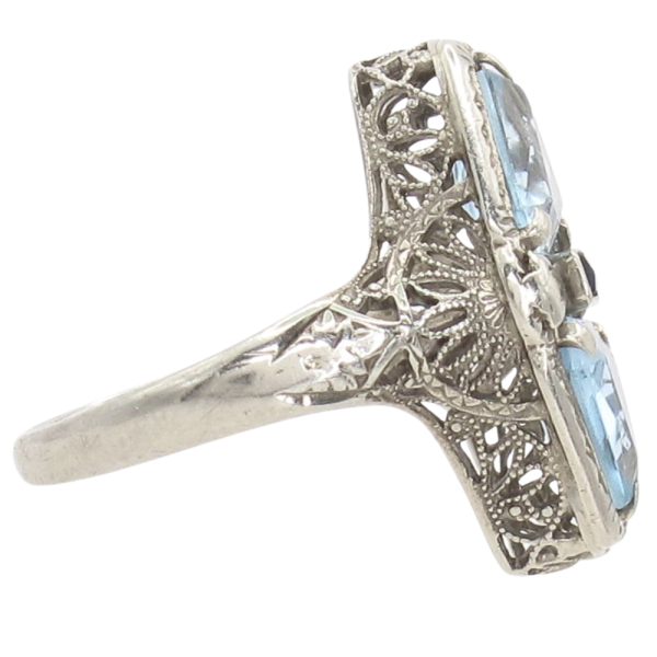 Aquamarine Filigree Detail Elongated Art Deco Ring 14K Side