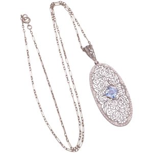 Art Deco 0.82ct Aquamarine Necklace 14K White Gold