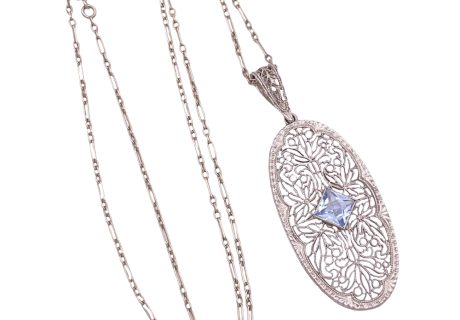 Art Deco 0.82ct Aquamarine Necklace 14K White Gold