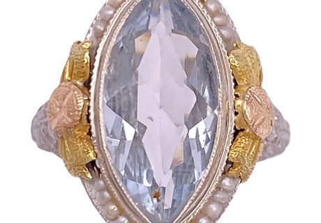 Art Deco 2.39ct Aquamarine Ring with Seed Pearl Accents 14K Gold