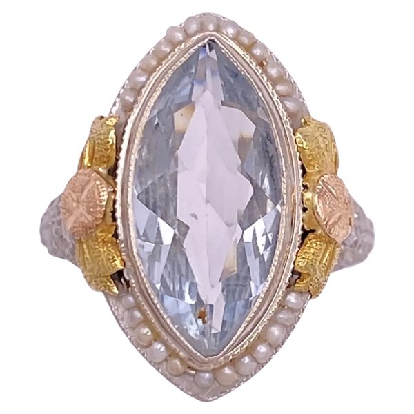 Art Deco 2.39ct Aquamarine Ring with Seed Pearl Accents 14K Gold