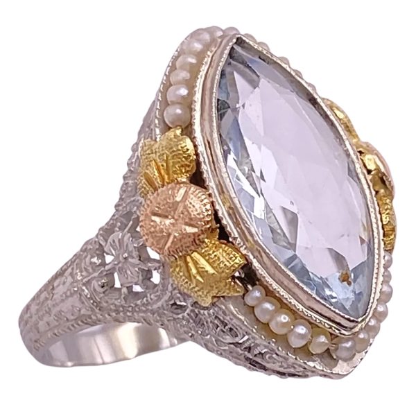 Art Deco 2.39ct Aquamarine Ring with Seed Pearl Accents 14K Gold side