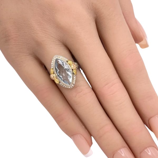 Art Deco 2.39ct Aquamarine Ring with Seed Pearl Accents 14K Gold worn