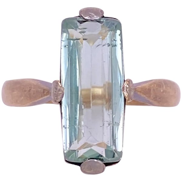 Art Deco 2.72ct French Cut Sea Green Aquamarine Ring 14K Gold