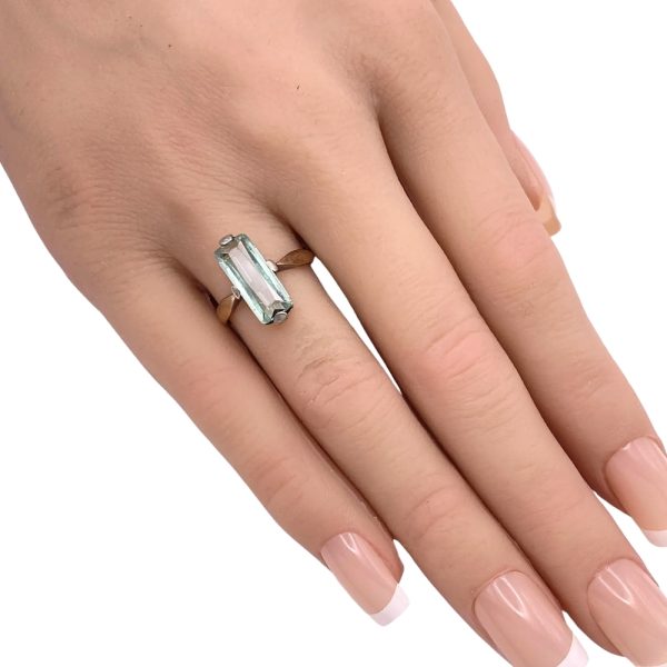 Art Deco 2.72ct French Cut Sea Green Aquamarine Ring 14K Gold worn
