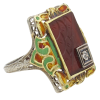 Carved Carnelian & Enamel Detailed Art Deco Ring 18K White Gold Angled