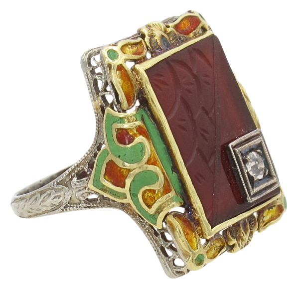 Carved Carnelian & Enamel Detailed Art Deco Ring 18K White Gold Angled