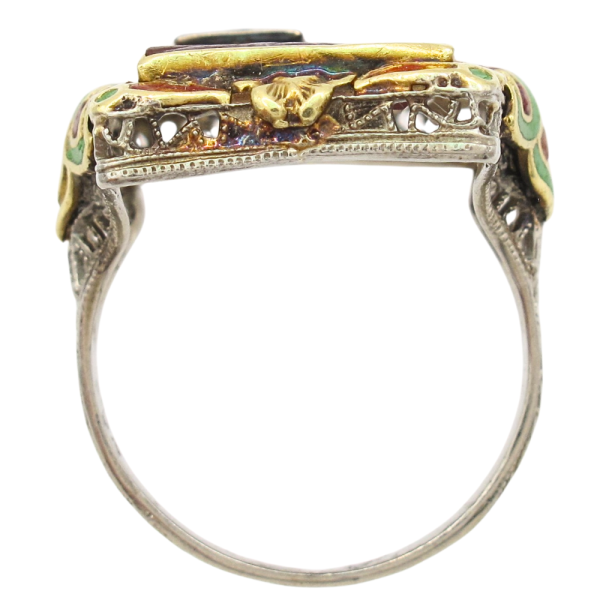Carved Carnelian & Enamel Detailed Art Deco Ring 18K White Gold Profile