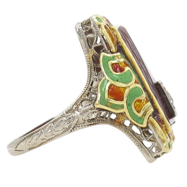 Carved Carnelian & Enamel Detailed Art Deco Ring 18K White Gold Side
