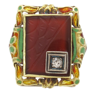 Carved Carnelian & Enamel Detailed Art Deco Ring 18K White Gold front