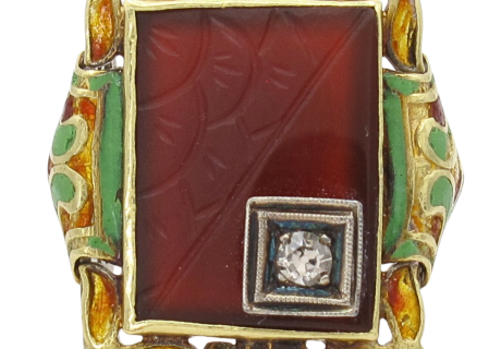 Carved Carnelian & Enamel Detailed Art Deco Ring 18K White Gold front