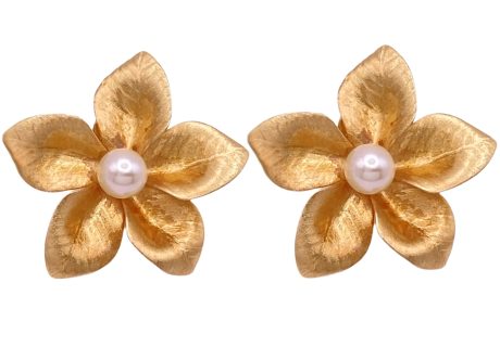 Cultured Pearl Flower Statement Earrings 14K Gold front