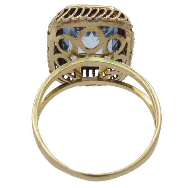 Cushion Cut Blue Spinel Mid-Century Ring 14K Yellow Gold Back