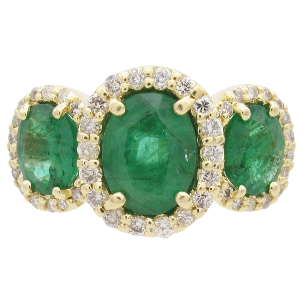 Effy 3.30ctw Emerald & Diamond Three-Stone Halo Ring 14k Yellow Gold