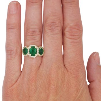 Effy 3.30ctw Emerald & Diamond Three-Stone Halo Ring 14k Yellow Gold Lifestyle