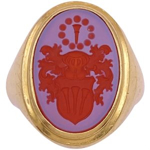 Heraldic Crest Banded Agate Intaglio Signet Ring 18K Gold
