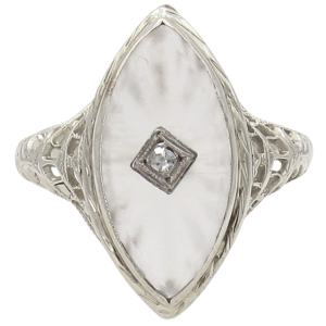 Navette Camphor Glass Filigree Art Deco Ring 14K Front