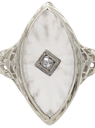 Navette Camphor Glass Filigree Art Deco Ring 14K