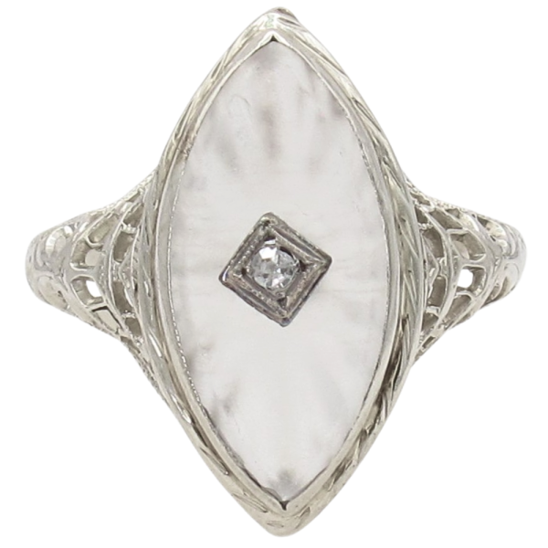Navette Camphor Glass Filigree Art Deco Ring 14K Front