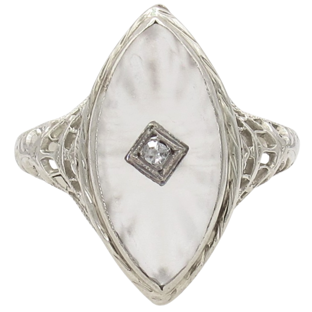 Navette Camphor Glass Filigree Art Deco Ring 14K