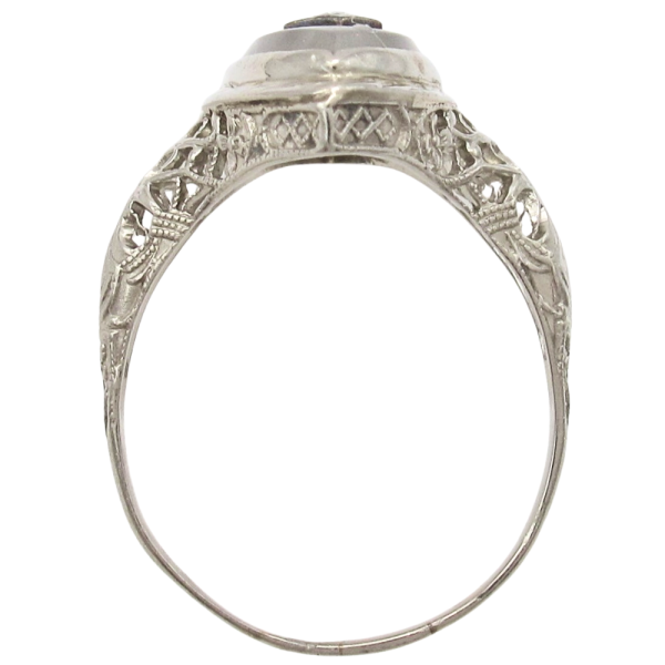 Navette Camphor Glass Filigree Art Deco Ring 14K Profile