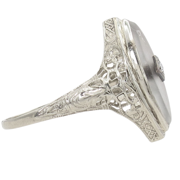 Navette Camphor Glass Filigree Art Deco Ring 14K Side