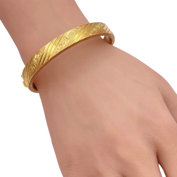 Ornate Banded Bangle Bracelet 14K Gold worn