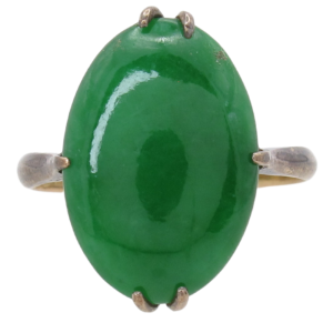 Oval Apple Green Jade Edwardian Solitaire Ring in 14K Yellow Gold Front