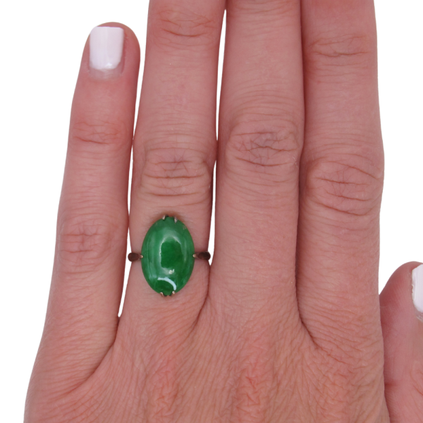Oval Apple Green Jade Edwardian Solitaire Ring in 14K Yellow Gold Worn