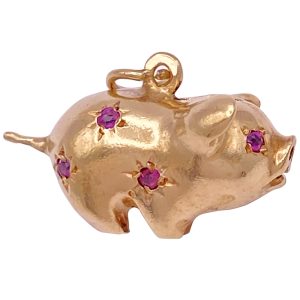 Ruby Piggy Bank Charm 14K Gold Three-Dimensional