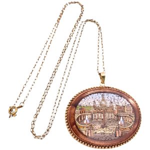 Victorian Grand Tour Micro Mosaic Necklace 14K Gold