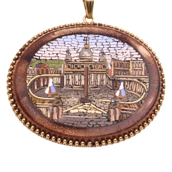 Victorian Grand Tour Micro Mosaic Necklace 14K Gold pendant close up