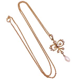 Victorian Pearl Lavaliere Necklace 14K Gold full