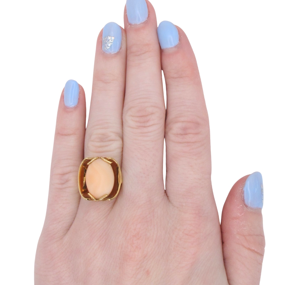 Vintage Angel Skin Coral Cabochon Ring 14K Gold worn
