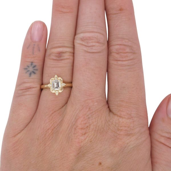 0.64ctw Emerald Cut Diamond Compass Engagement Ring 14K Yellow Gold Modeled