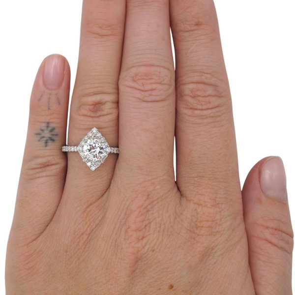 1.38ctw Round Brilliant Kite Shape Diamond Halo Engagement Ring 14K White Gold Modeled